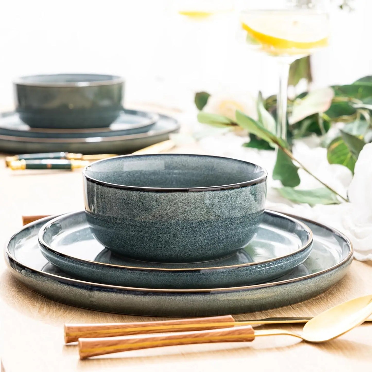 Ceramic Dinnerware Sets for 4, 12 Pieces Stoneware Plates and Bowls Sets, Reactive Glaze Dishes -Scratch Resistant,