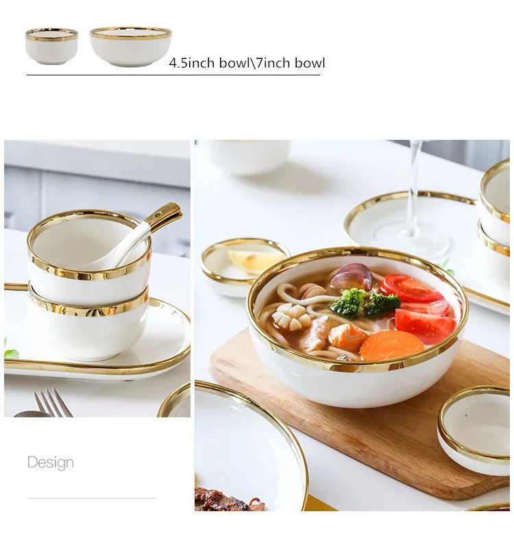 Nordic Style Gold Inlay Bright White Porcelain Dinner Sets Ceramic Bowl Dish Plates Set Porcelain Dinnerware For Household Hotel