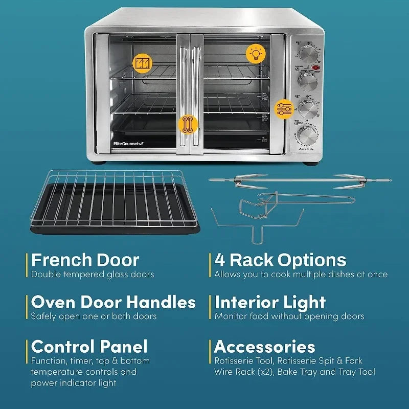 Elite Gourmet ETO-4510M French Door 47.5Qt, 18-Slice Convection Oven 4-Control Knobs, Bake Broil Toast Rotisserie Keep Warm