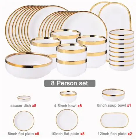 Nordic Style Gold Inlay Bright White Porcelain Dinner Sets Ceramic Bowl Dish Plates Set Porcelain Dinnerware For Household Hotel