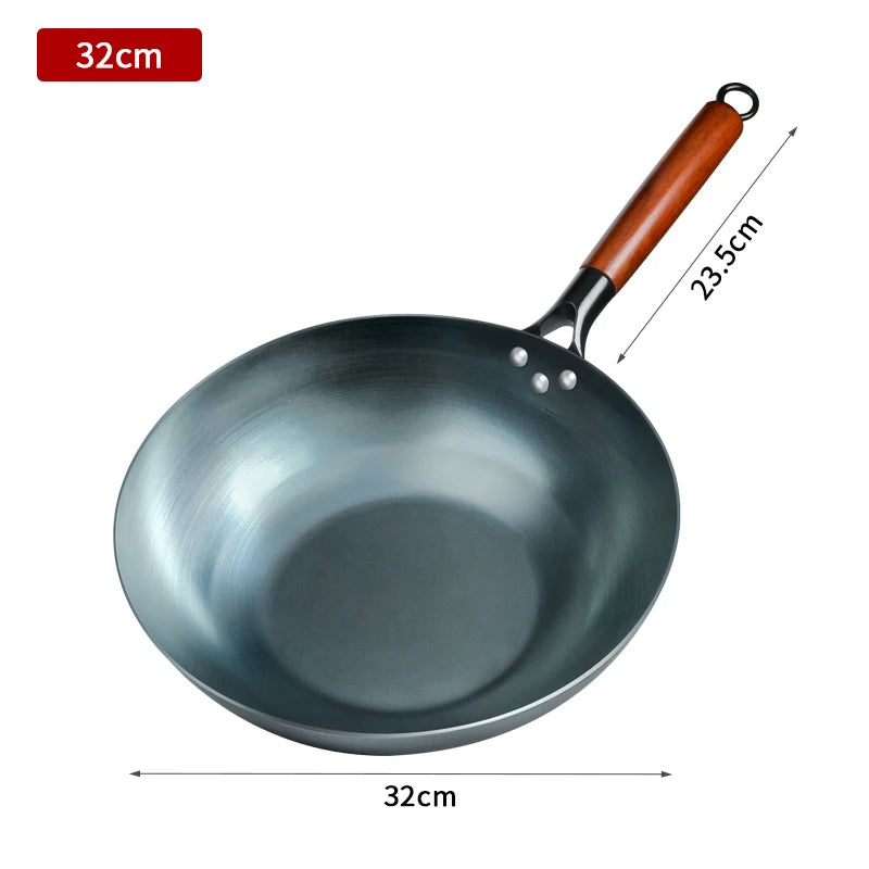 Seasoning Iron Woks,30/32/34cm Wok with Wooden Handle Frying Pan Kitchen Cookware For Electric,Induction Electric and Gas Stoves