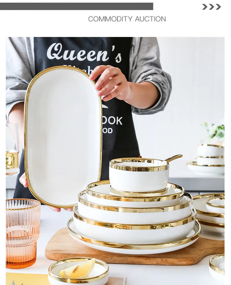 Nordic Style Gold Inlay Bright White Porcelain Dinner Sets Ceramic Bowl Dish Plates Set Porcelain Dinnerware For Household Hotel