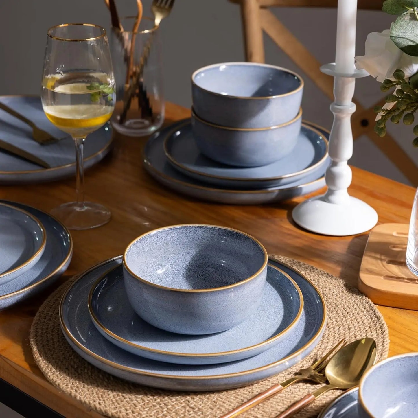 Ceramic Dinnerware Sets for 4, 12 Pieces Stoneware Plates and Bowls Sets, Reactive Glaze Dishes -Scratch Resistant,