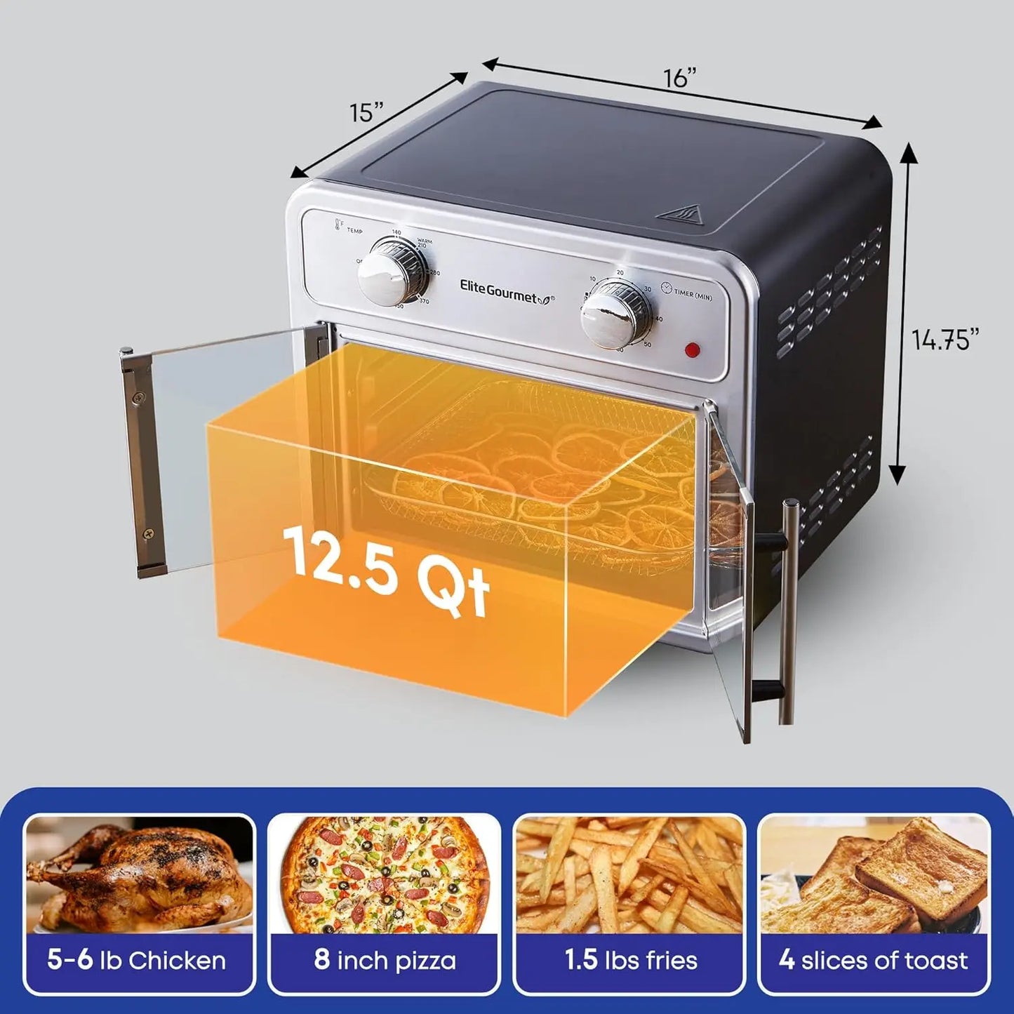 EAF1222SS Air Fryer Oven Double French Doors, Bake, Grill, Roast, Broil, Rotisserie, Toast, Warm, Air Fry, Dehydrate, 1500 Watts