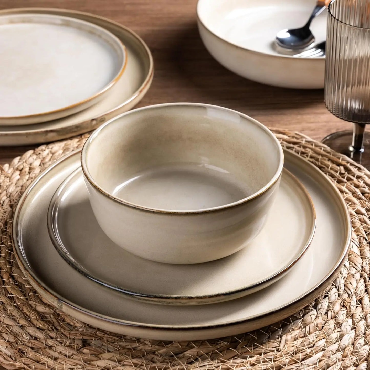 Ceramic Dinnerware Sets for 4, 12 Pieces Stoneware Plates and Bowls Sets, Reactive Glaze Dishes -Scratch Resistant,