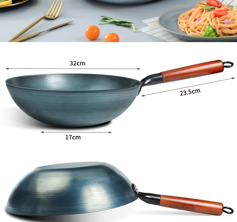 Seasoning Iron Woks,30/32/34cm Wok with Wooden Handle Frying Pan Kitchen Cookware For Electric,Induction Electric and Gas Stoves