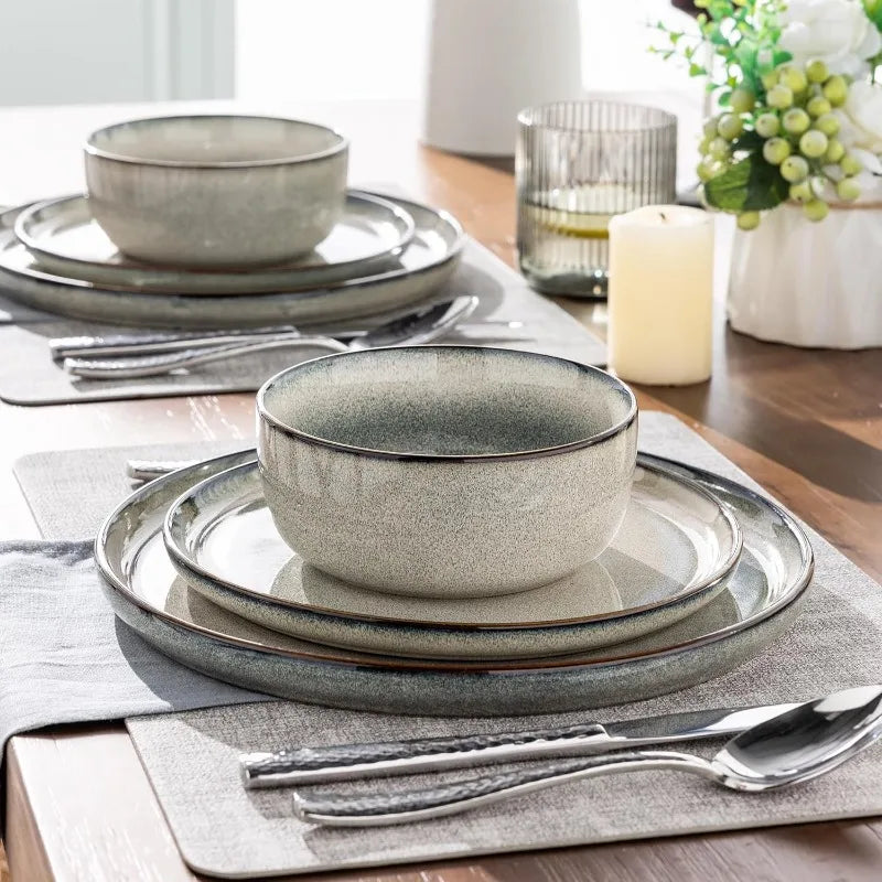 Ceramic Dinnerware Sets for 4, 12 Pieces Stoneware Plates and Bowls Sets, Reactive Glaze Dishes -Scratch Resistant,