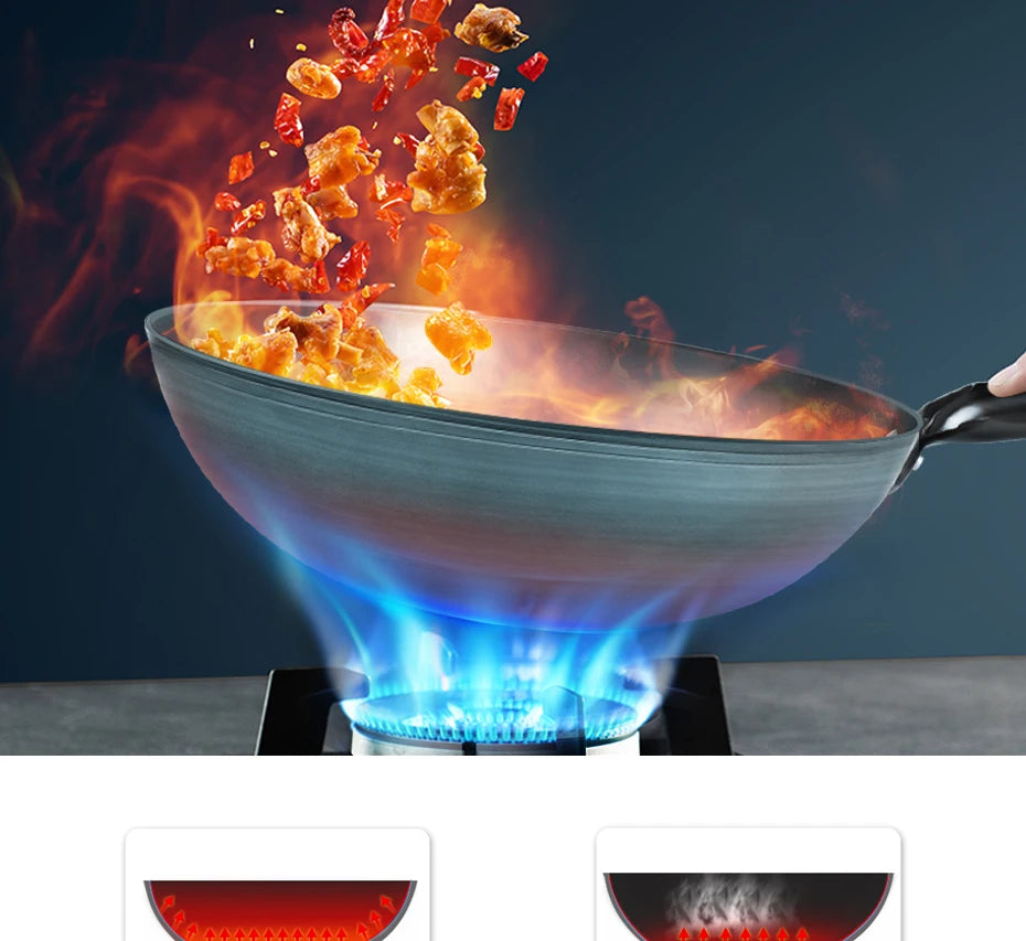 Seasoning Iron Woks,30/32/34cm Wok with Wooden Handle Frying Pan Kitchen Cookware For Electric,Induction Electric and Gas Stoves