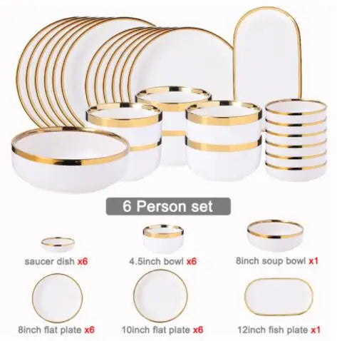 Nordic Style Gold Inlay Bright White Porcelain Dinner Sets Ceramic Bowl Dish Plates Set Porcelain Dinnerware For Household Hotel