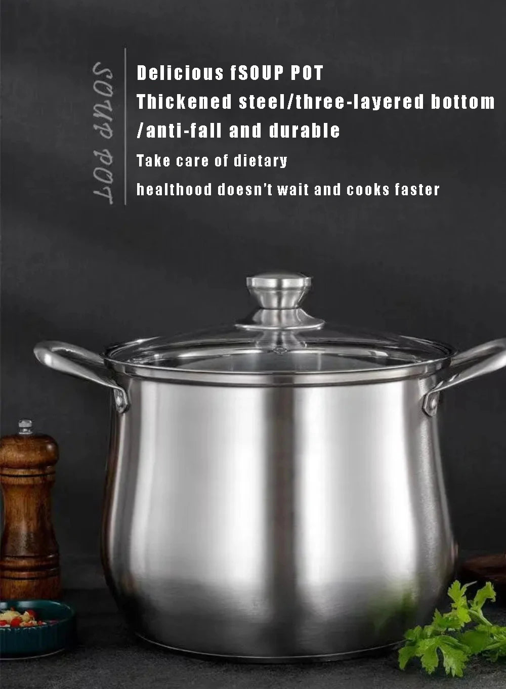24cm Stainless Steel Soup Pot Large Capacity Home Cooking Pot Stew Chicken Induction Cooker Gas Stove Universal Kitchen Cookware