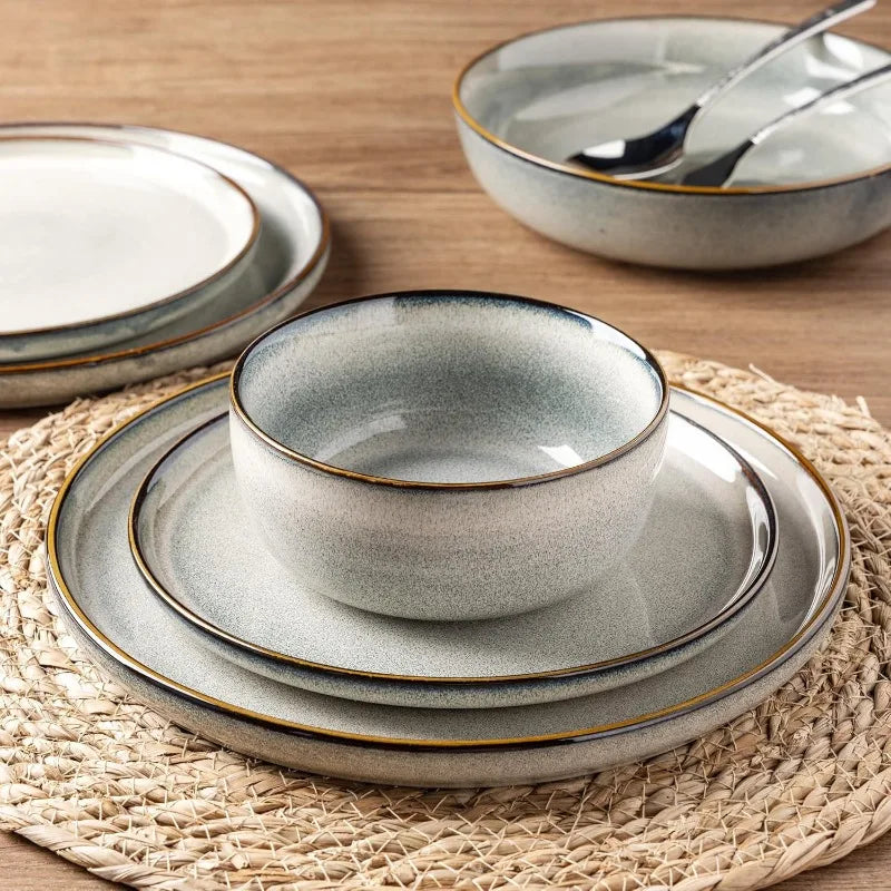 Ceramic Dinnerware Sets for 4, 12 Pieces Stoneware Plates and Bowls Sets, Reactive Glaze Dishes -Scratch Resistant,