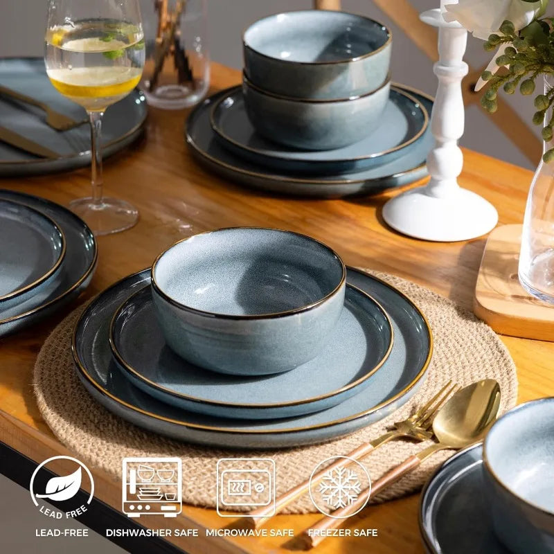 Ceramic Dinnerware Sets for 4, 12 Pieces Stoneware Plates and Bowls Sets, Reactive Glaze Dishes -Scratch Resistant,