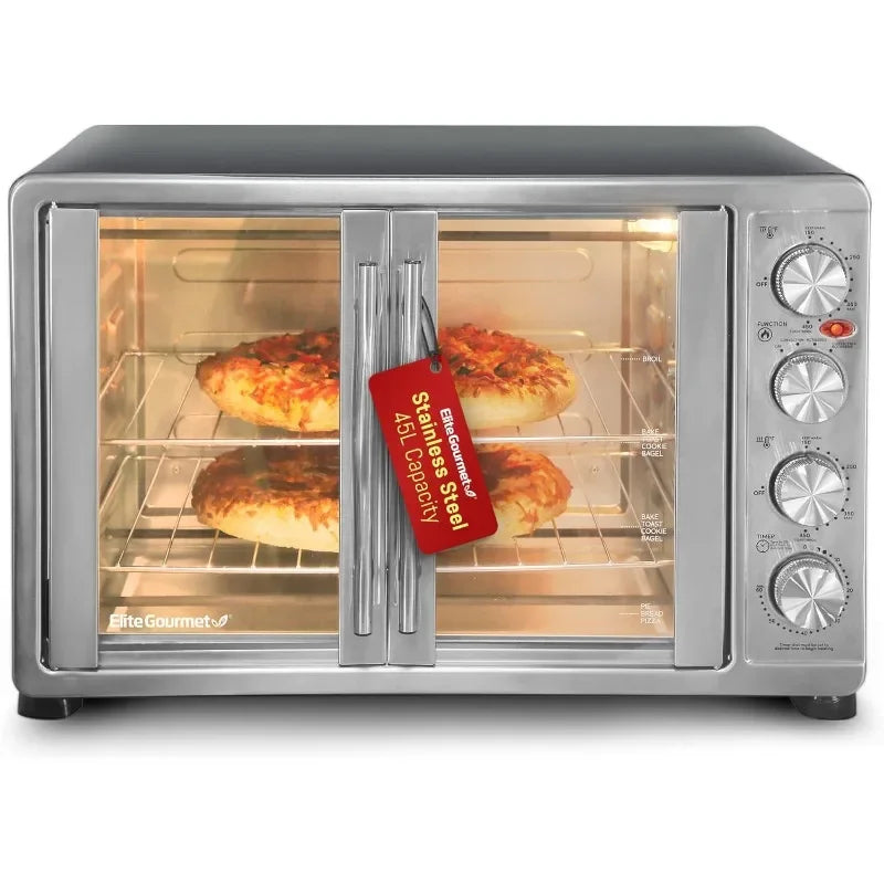 Elite Gourmet ETO-4510M French Door 47.5Qt, 18-Slice Convection Oven 4-Control Knobs, Bake Broil Toast Rotisserie Keep Warm