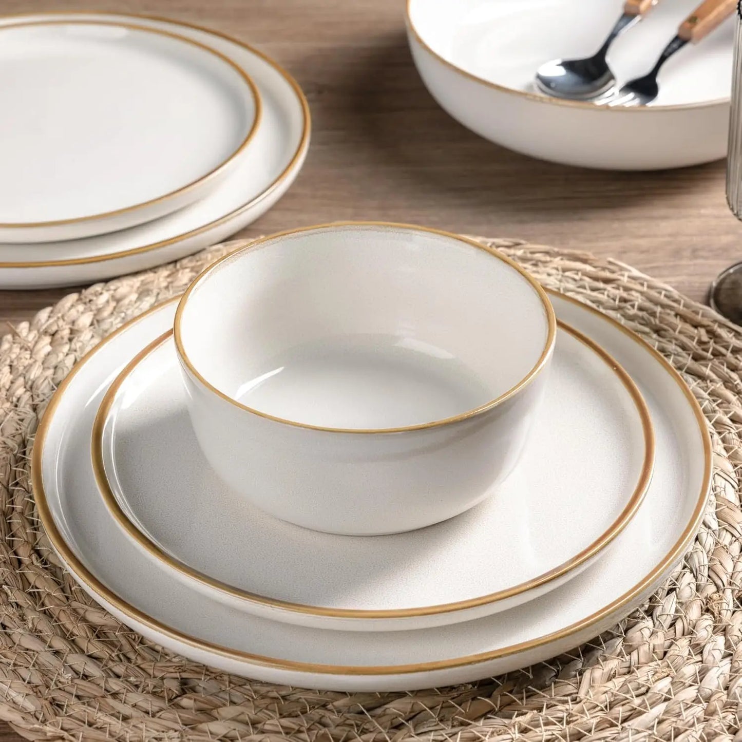 Ceramic Dinnerware Sets for 4, 12 Pieces Stoneware Plates and Bowls Sets, Reactive Glaze Dishes -Scratch Resistant,