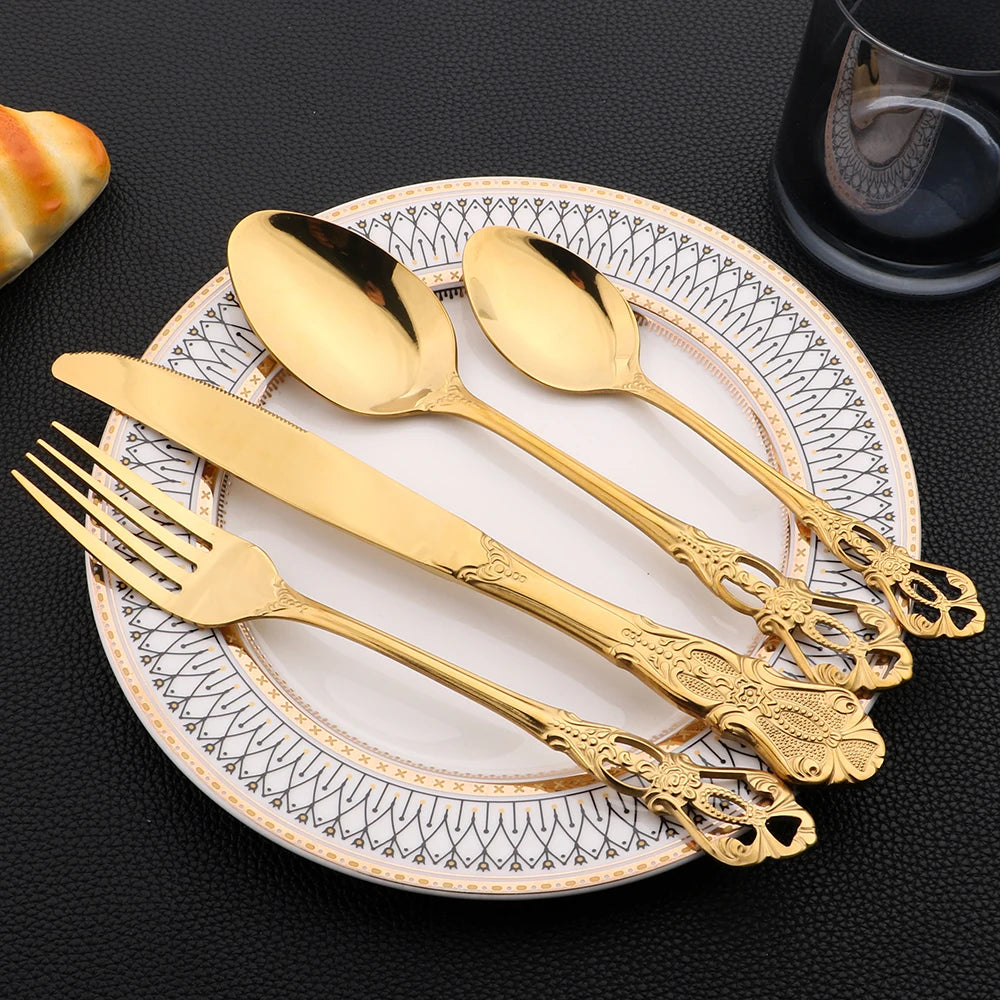 16Pcs Cutlery Sets Vintage Stainless Steel Tableware Dinner Knife Fork Dessert Spoon Dinnerware Set Kitchen Flatware