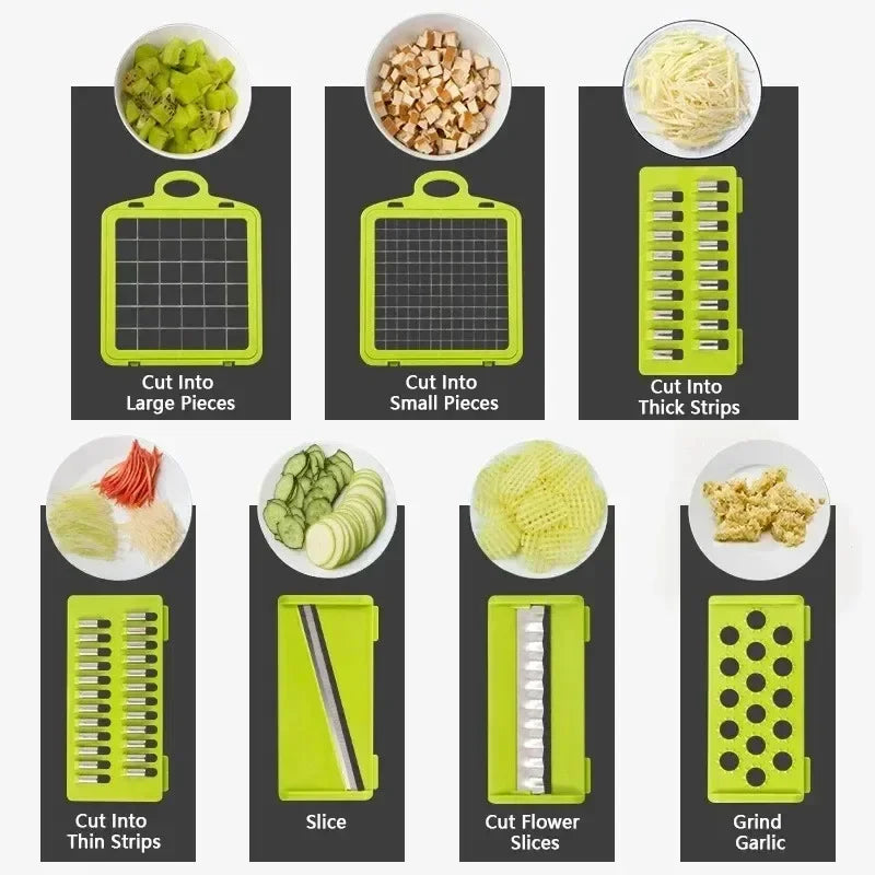 14/16 in 1 Multifunctional Vegetable Chopper, Onion Chopper, Handle Food Grate, Food Chopper, Kitchen Vegetable Slicer, Dicer Cutter: suction feet, safety guard, dishwasher-safe, built-in container, modular attachments.