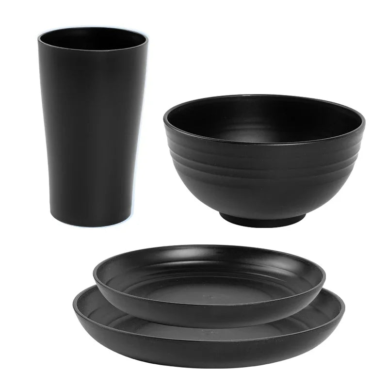 4/16Pcs Black Plastic Cutlery Set Reusable Plates Bowl Cups 4 Sets for Kitchen Outdoor Camping Party Dinnerware Dishes Set