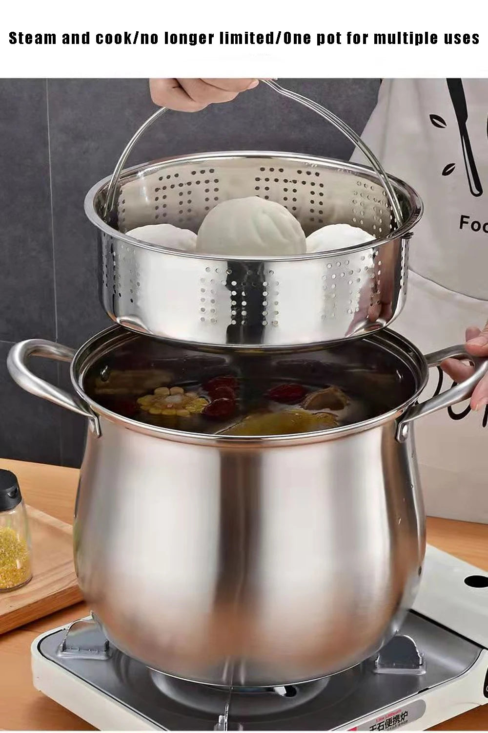 24cm Stainless Steel Soup Pot Large Capacity Home Cooking Pot Stew Chicken Induction Cooker Gas Stove Universal Kitchen Cookware