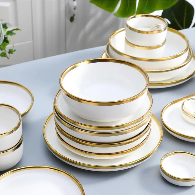Nordic Style Gold Inlay Bright White Porcelain Dinner Sets Ceramic Bowl Dish Plates Set Porcelain Dinnerware For Household Hotel