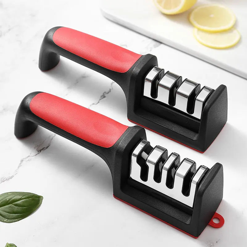 3/4 Segment Cutter Knife Sharpener Kitchen Handheld Three-purpose Sharpening Stone Tool with Non Slip Base Kitchen Knives