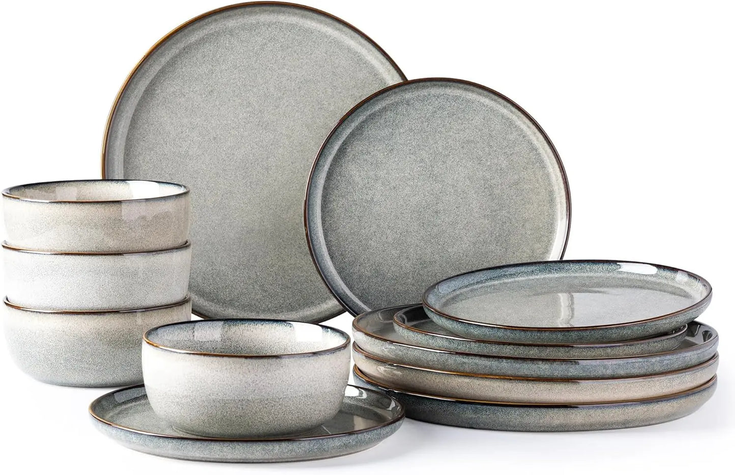 Ceramic Dinnerware Sets for 4, 12 Pieces Stoneware Plates and Bowls Sets, Reactive Glaze Dishes -Scratch Resistant,
