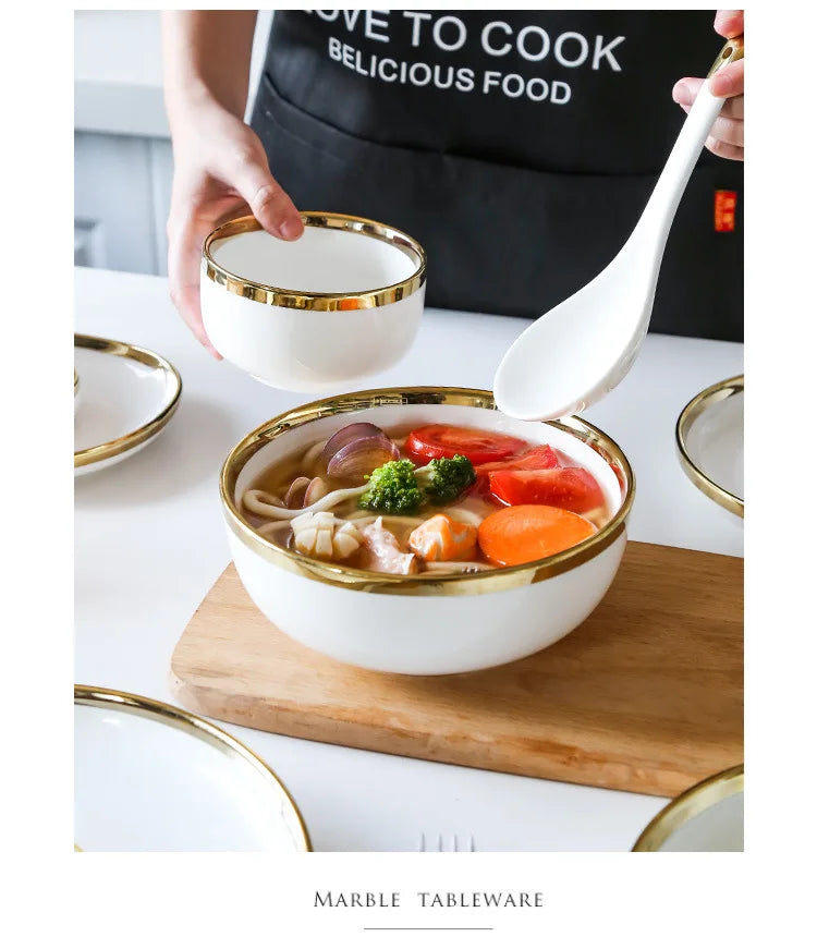 Nordic Style Gold Inlay Bright White Porcelain Dinner Sets Ceramic Bowl Dish Plates Set Porcelain Dinnerware For Household Hotel