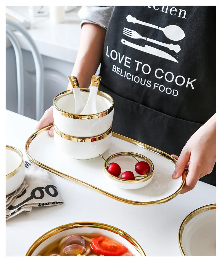 Nordic Style Gold Inlay Bright White Porcelain Dinner Sets Ceramic Bowl Dish Plates Set Porcelain Dinnerware For Household Hotel