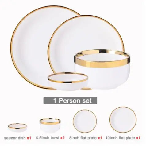 Nordic Style Gold Inlay Bright White Porcelain Dinner Sets Ceramic Bowl Dish Plates Set Porcelain Dinnerware For Household Hotel