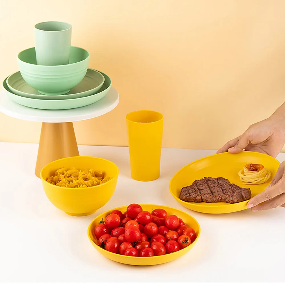 4/16Pcs Black Plastic Cutlery Set Reusable Plates Bowl Cups 4 Sets for Kitchen Outdoor Camping Party Dinnerware Dishes Set