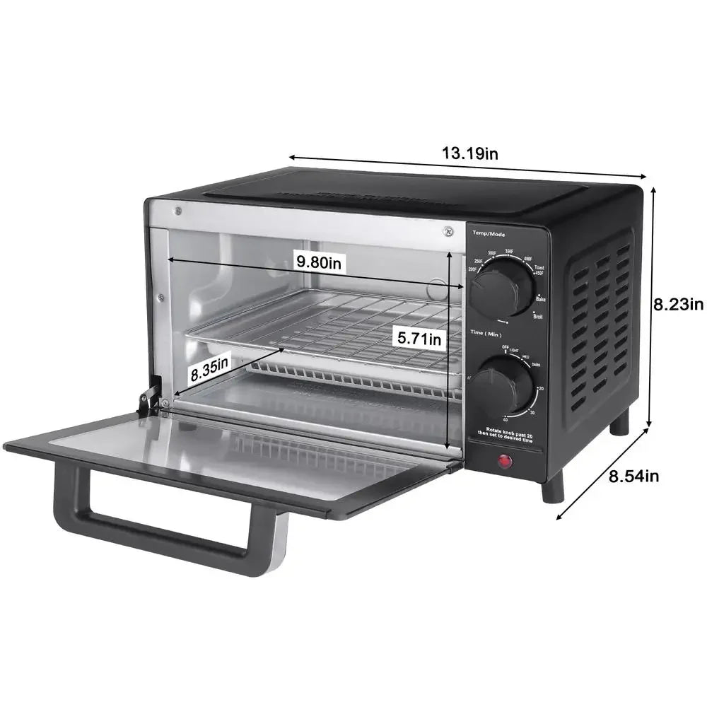 4 Slice Toaster Oven Bake Broil & Toast 9-inch Pizza or 4 Bread Slices Quartz Heating Elements 60 Minute Timer 1050W Power