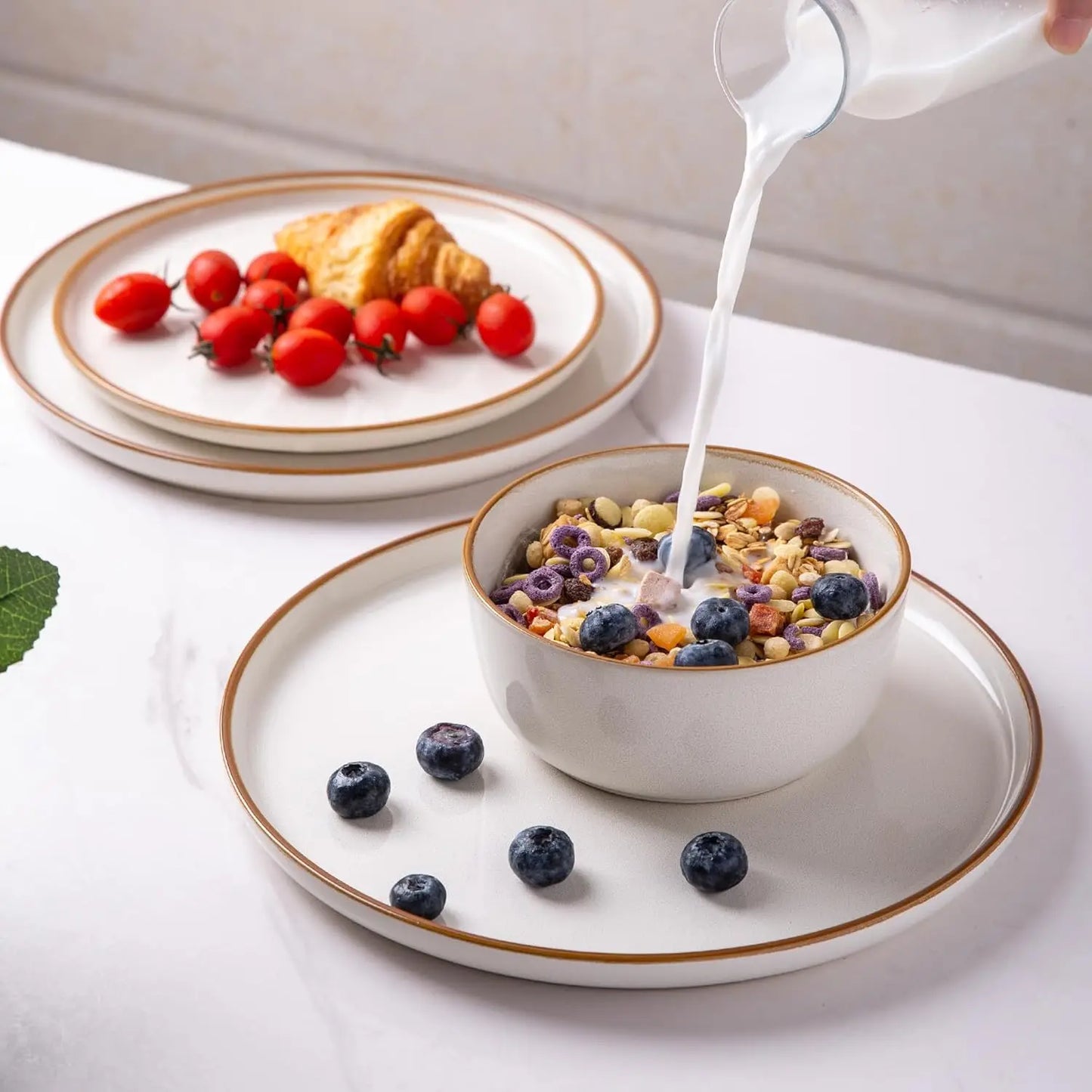 Ceramic Dinnerware Sets for 4, 12 Pieces Stoneware Plates and Bowls Sets, Reactive Glaze Dishes -Scratch Resistant,
