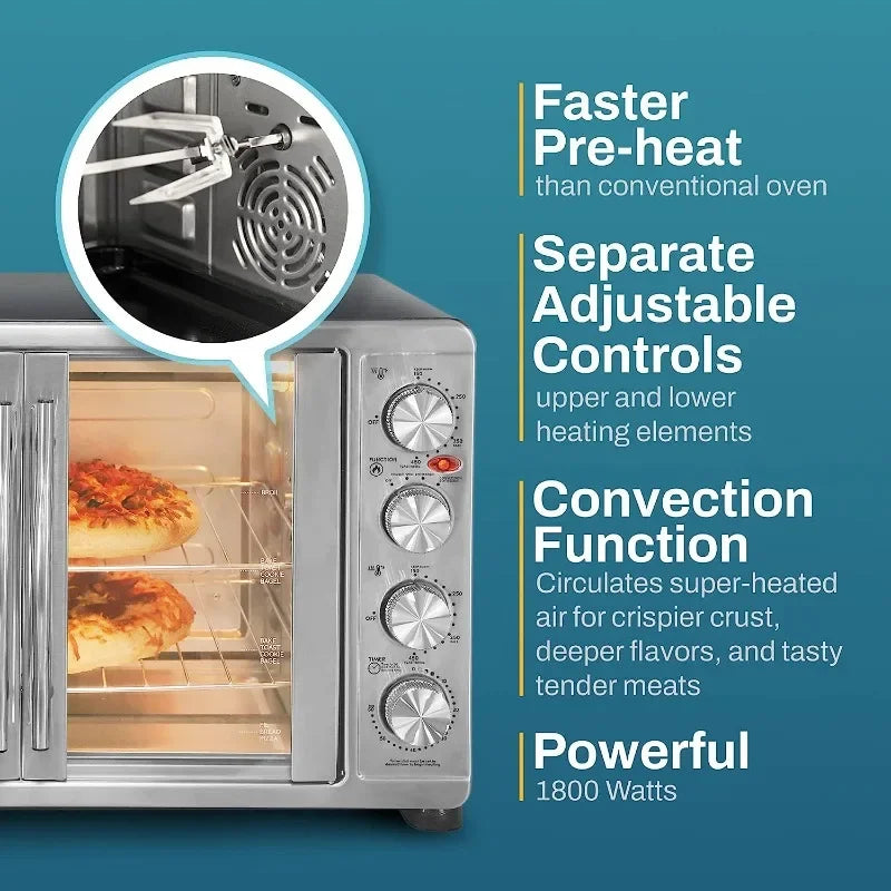 Elite Gourmet ETO-4510M French Door 47.5Qt, 18-Slice Convection Oven 4-Control Knobs, Bake Broil Toast Rotisserie Keep Warm
