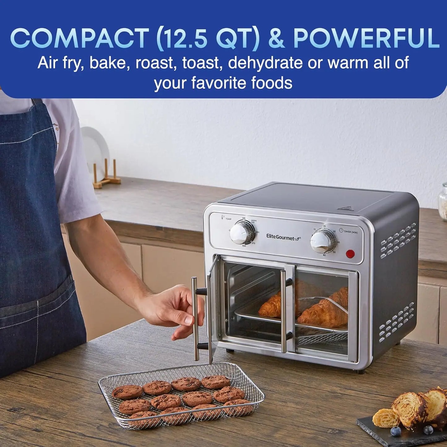 EAF1222SS Air Fryer Oven Double French Doors, Bake, Grill, Roast, Broil, Rotisserie, Toast, Warm, Air Fry, Dehydrate, 1500 Watts