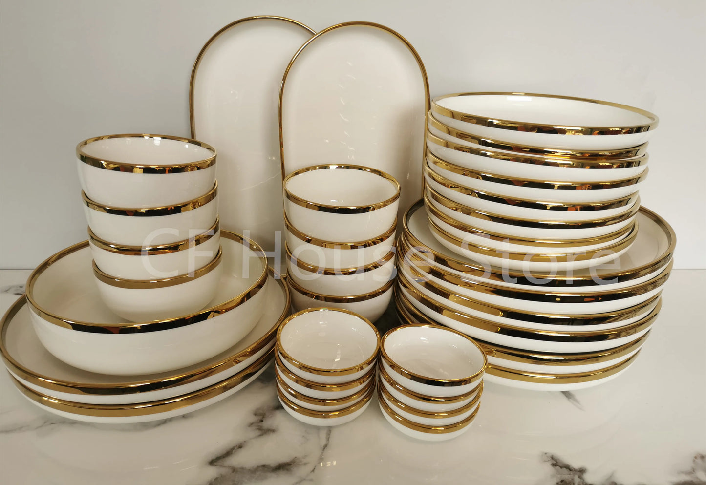 Nordic Style Gold Inlay Bright White Porcelain Dinner Sets Ceramic Bowl Dish Plates Set Porcelain Dinnerware For Household Hotel