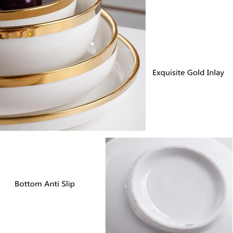 Nordic Style Gold Inlay Bright White Porcelain Dinner Sets Ceramic Bowl Dish Plates Set Porcelain Dinnerware For Household Hotel