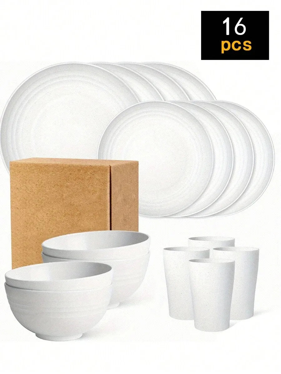 4/16/24pcs Reusable plastic tableware set, including plates, bowls and cups. Suitable for family picnics and school supplies