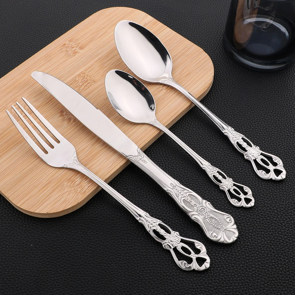 16Pcs Cutlery Sets Vintage Stainless Steel Tableware Dinner Knife Fork Dessert Spoon Dinnerware Set Kitchen Flatware