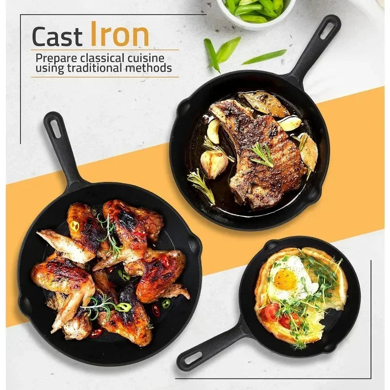 Cast Iron Cookware Cast Iron Fry Pans Pre-Seasoned Pan Cookware Set Use in the Oven, on the Stove and Grill, or Over a Campfire