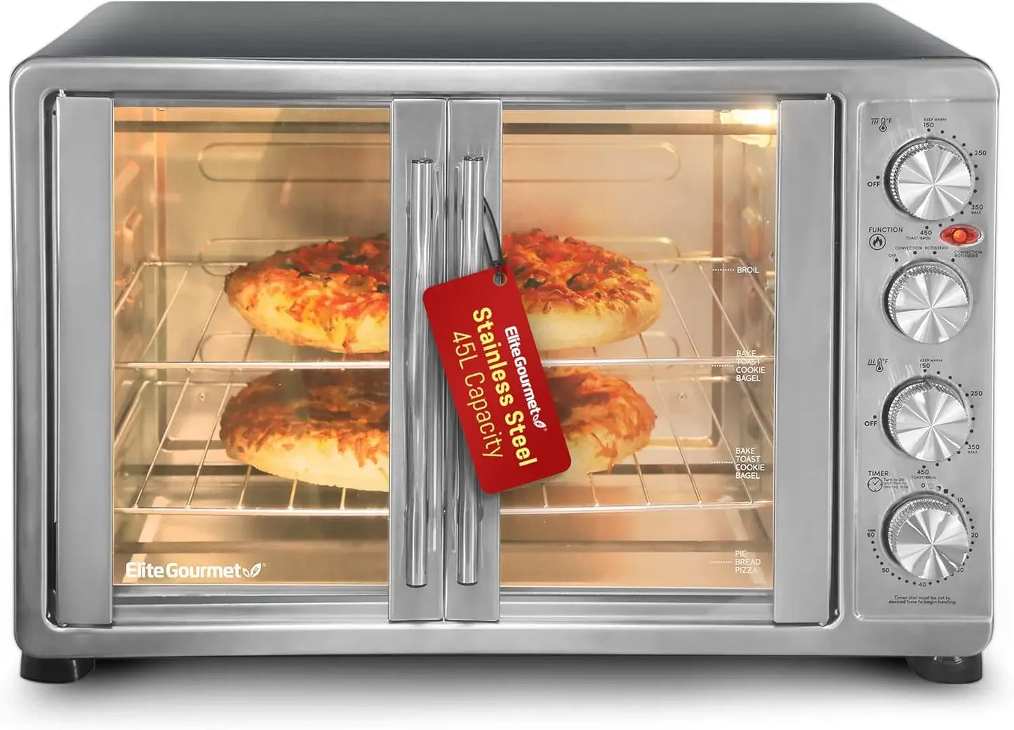 Elite Gourmet ETO-4510M French Door 47.5Qt, 18-Slice Convection Oven 4-Control Knobs, Bake Broil Toast Rotisserie Keep Warm