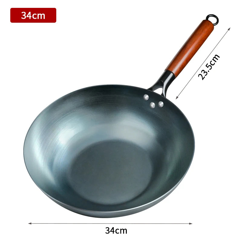 Seasoning Iron Woks,30/32/34cm Wok with Wooden Handle Frying Pan Kitchen Cookware For Electric,Induction Electric and Gas Stoves