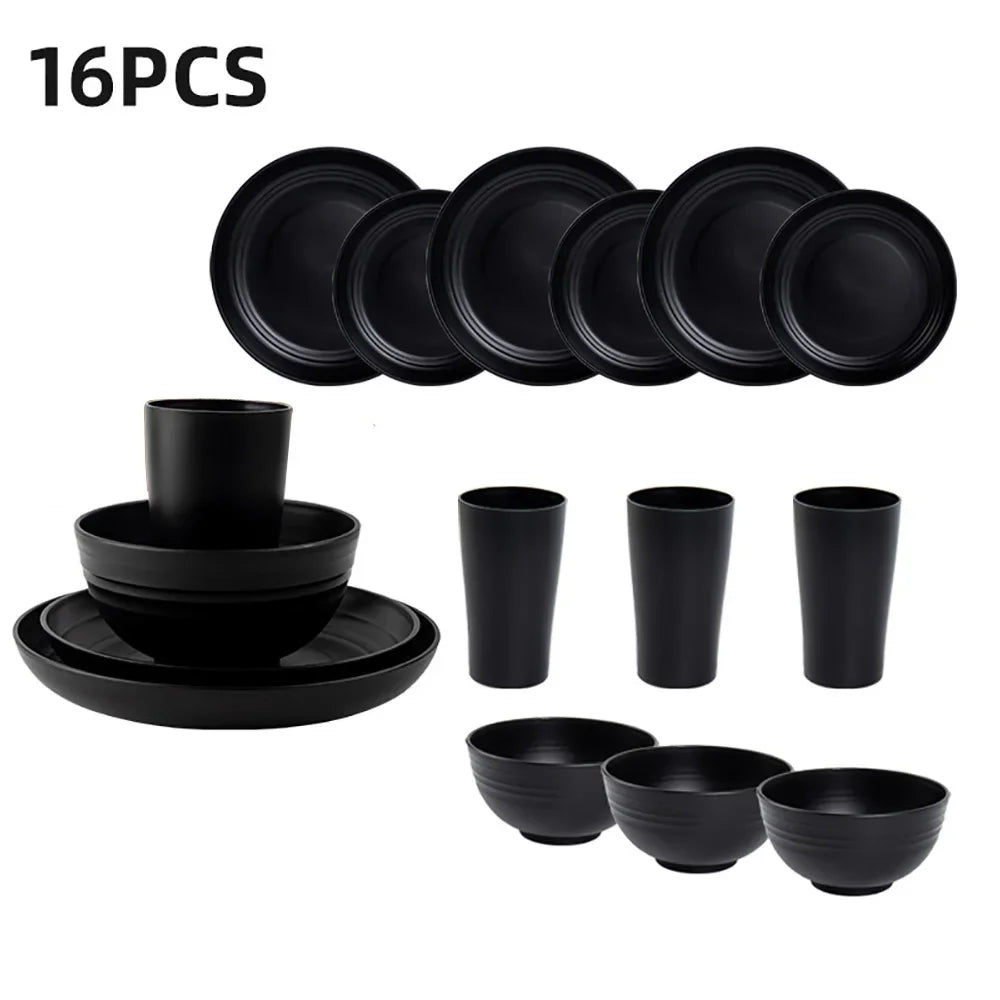 4/16Pcs Black Plastic Cutlery Set Reusable Plates Bowl Cups 4 Sets for Kitchen Outdoor Camping Party Dinnerware Dishes Set