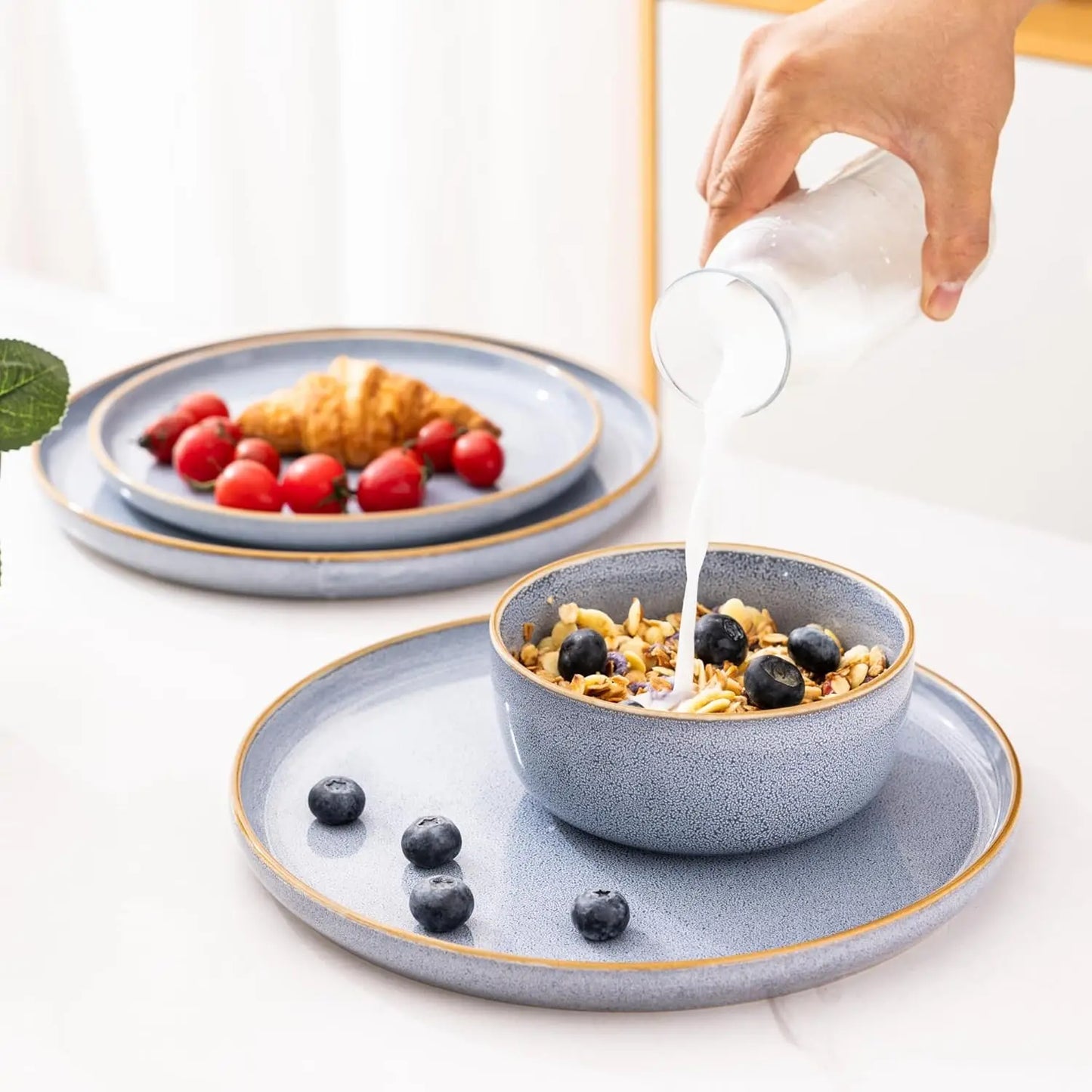 Ceramic Dinnerware Sets for 4, 12 Pieces Stoneware Plates and Bowls Sets, Reactive Glaze Dishes -Scratch Resistant,