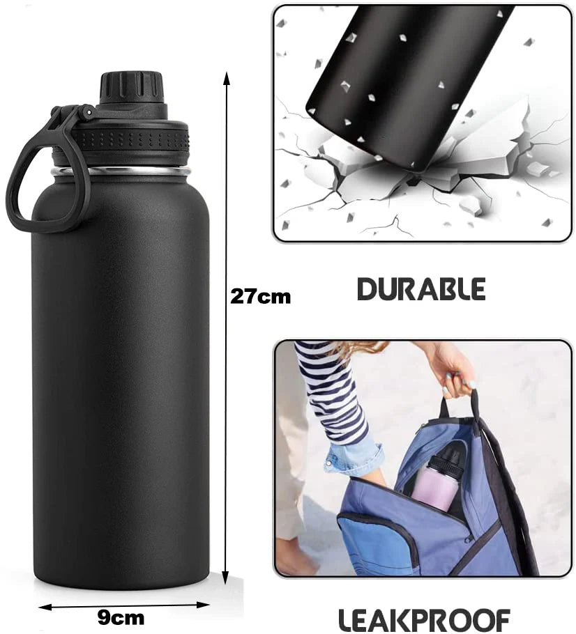 Insulated Water Bottle, 1000ml 32 oz Stainless Steel Double Wall Vacuum Wide Mouth Sport Bottle with Leakproof Spout Lid