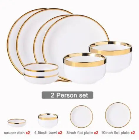 Nordic Style Gold Inlay Bright White Porcelain Dinner Sets Ceramic Bowl Dish Plates Set Porcelain Dinnerware For Household Hotel