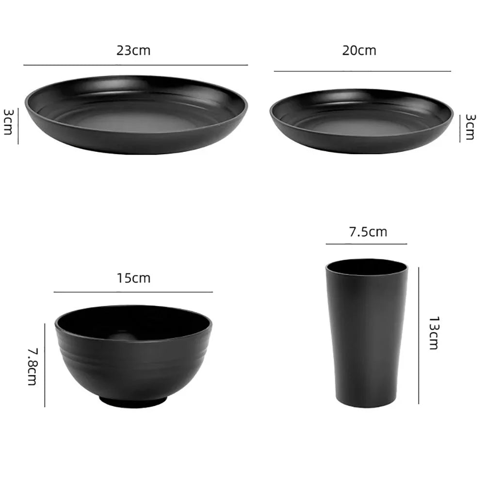4/16Pcs Black Plastic Cutlery Set Reusable Plates Bowl Cups 4 Sets for Kitchen Outdoor Camping Party Dinnerware Dishes Set
