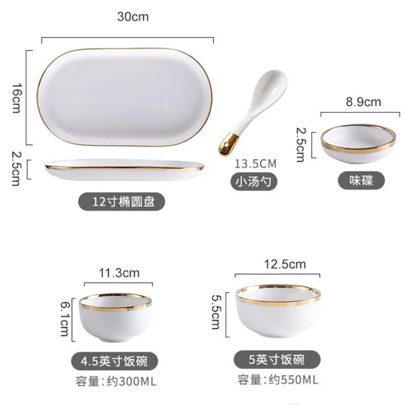 Nordic Style Gold Inlay Bright White Porcelain Dinner Sets Ceramic Bowl Dish Plates Set Porcelain Dinnerware For Household Hotel