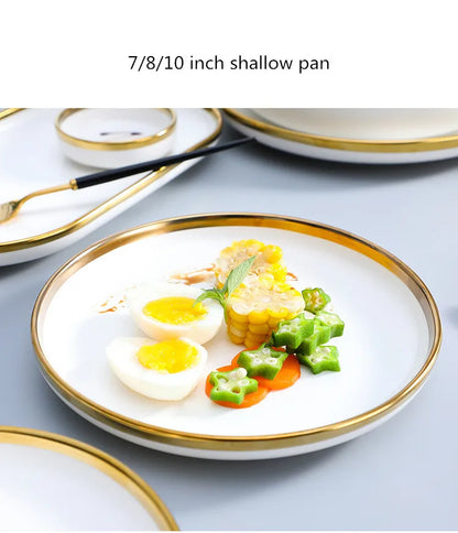 Nordic Style Gold Inlay Bright White Porcelain Dinner Sets Ceramic Bowl Dish Plates Set Porcelain Dinnerware For Household Hotel