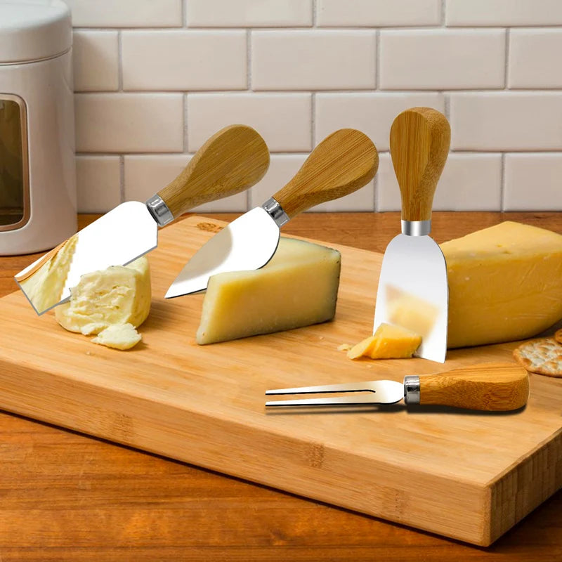 Bamboo Cheese Set - 4 Piece Collection: Mini Knife, Butter Knife, Spatula & Fork