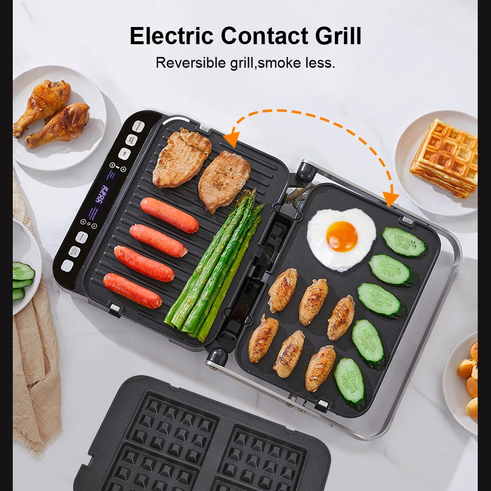 BioloMix 2000W Electric Contact Grill Digital Griddle and Panini Press, Optional Waffle Maker Plates, Opens 180 Degree Barbecue