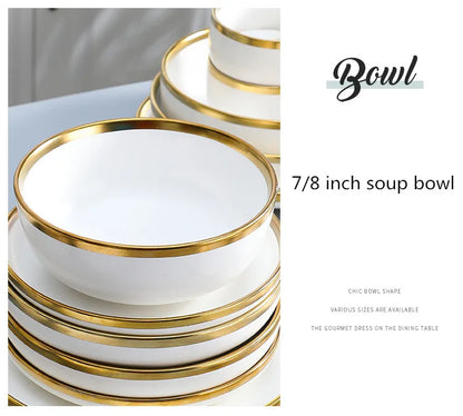 Nordic Style Gold Inlay Bright White Porcelain Dinner Sets Ceramic Bowl Dish Plates Set Porcelain Dinnerware For Household Hotel